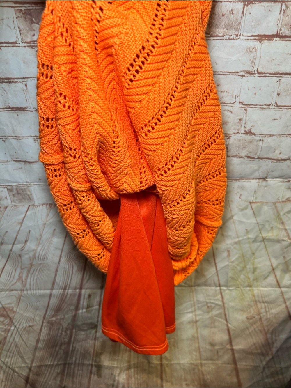 Orange Crochet Knit Sundress Open Tie Back Resort Vacation Midi Dress Sz Small - Picture 5 of 6